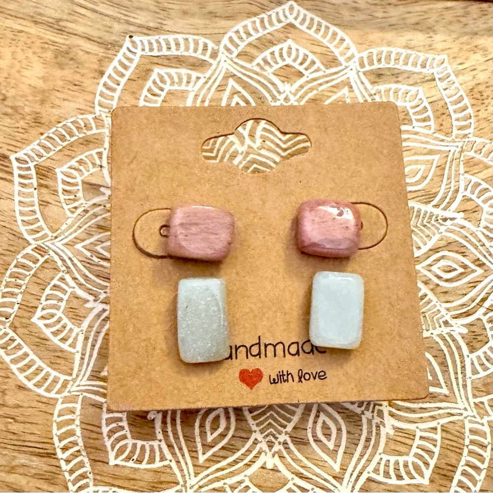 Moonstone & Pink Rhodonite Crystal Stud Handmade Earrings Set